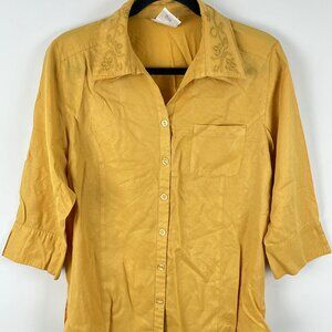 Tellement Vous Top Blouse Size M Yellow 3/4 Sleeve Collared Button Up Rayon Poly